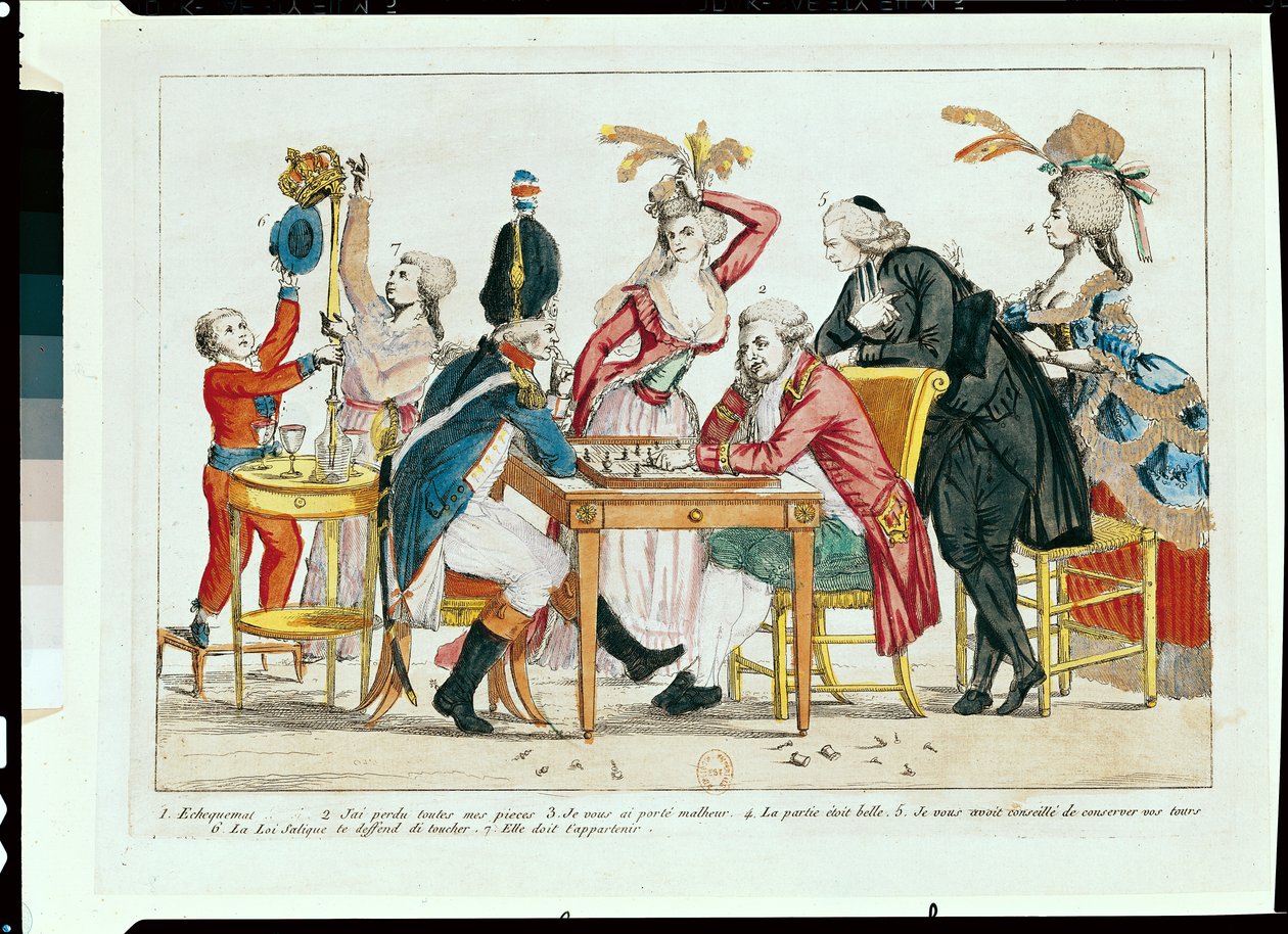 国民衛兵の兵士とチェスをするルイ16世（1754-93）の風刺画